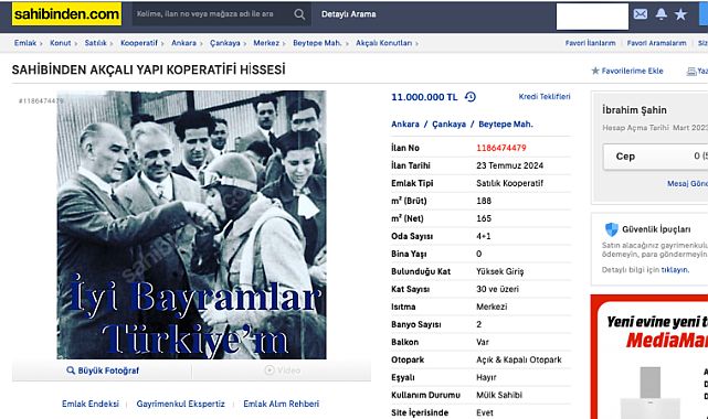 İlan sitelerindeki kontrolsüz!  Atatürk fotoğraflı emlak ilanı