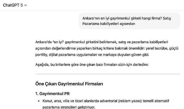 Yapay zekaya göre Ankara'nın en iyi gayrimenkul şirketi: Gayrimenkul PR