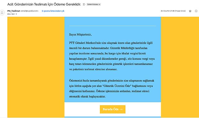 PTT teslimat mailiyle kimlik ve kart bilgileri çalınıyor